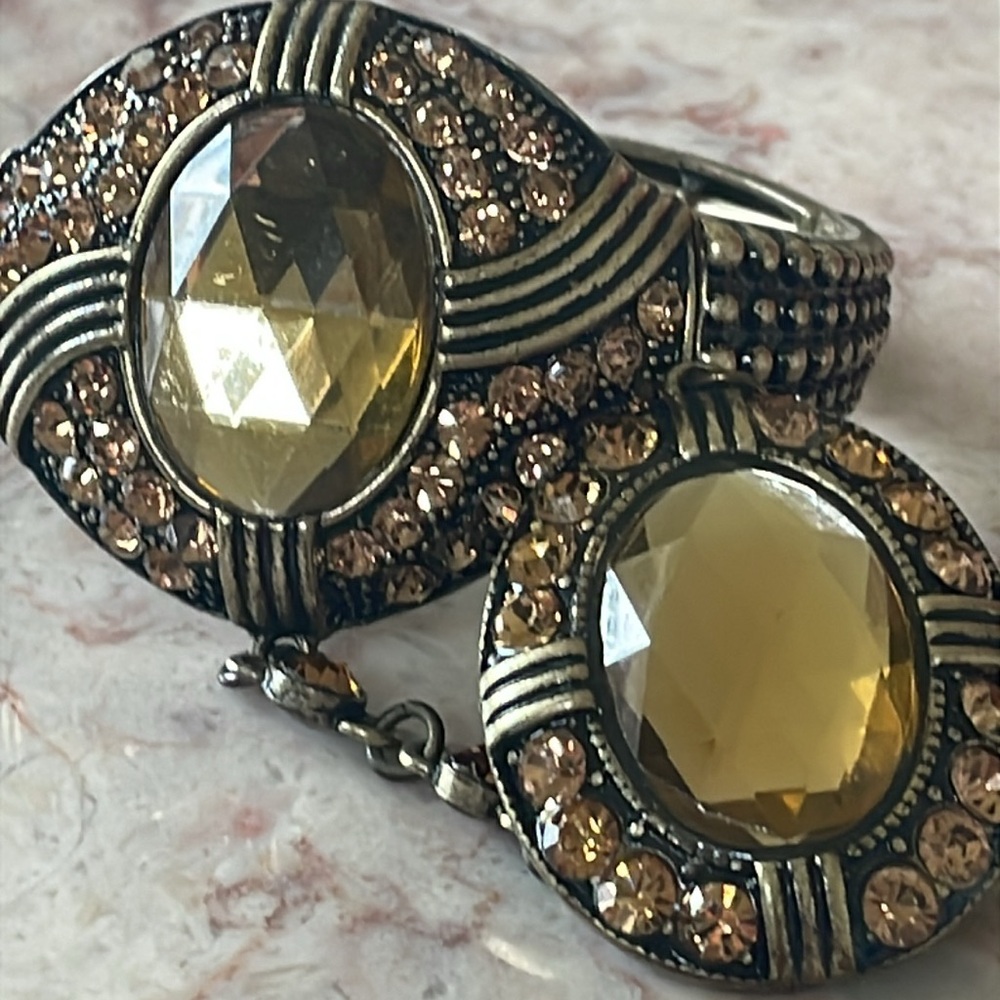 EUC Vintage Elegant Yellow & Brown Ring Cuff Bracelet W/Large Yellow Gemstones - Picture 13 of 13